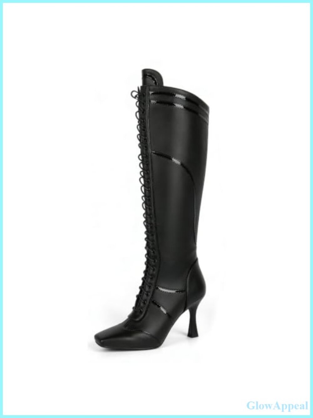 Women's Knee High Boots Square Toe Kitten Heel Faux Leather Lace Up